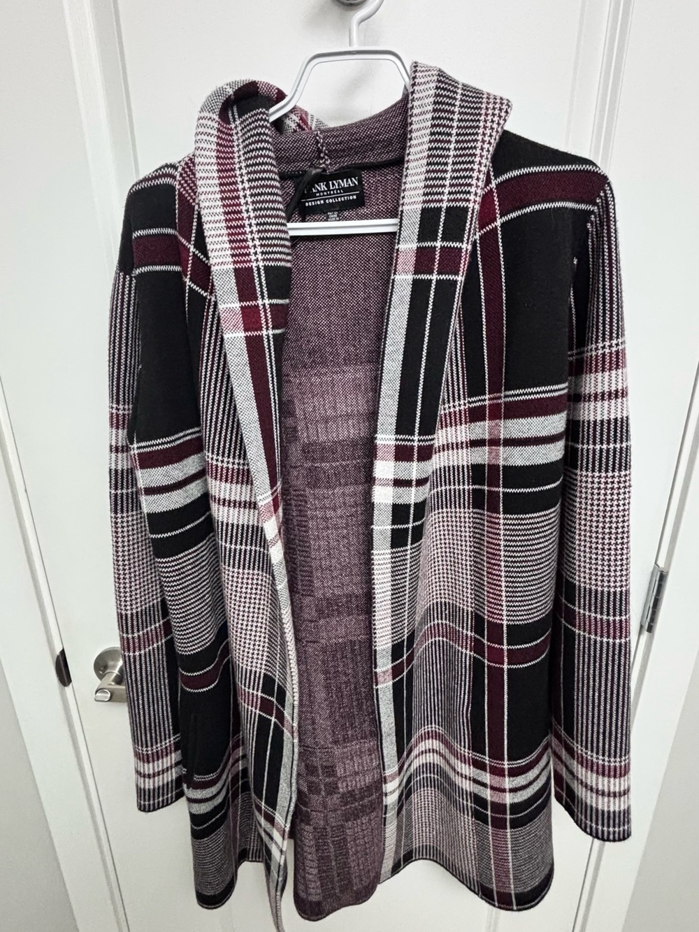 Frank Lyman Design Black, Burgundy & Cream Plaid Hooded Open Cardigan